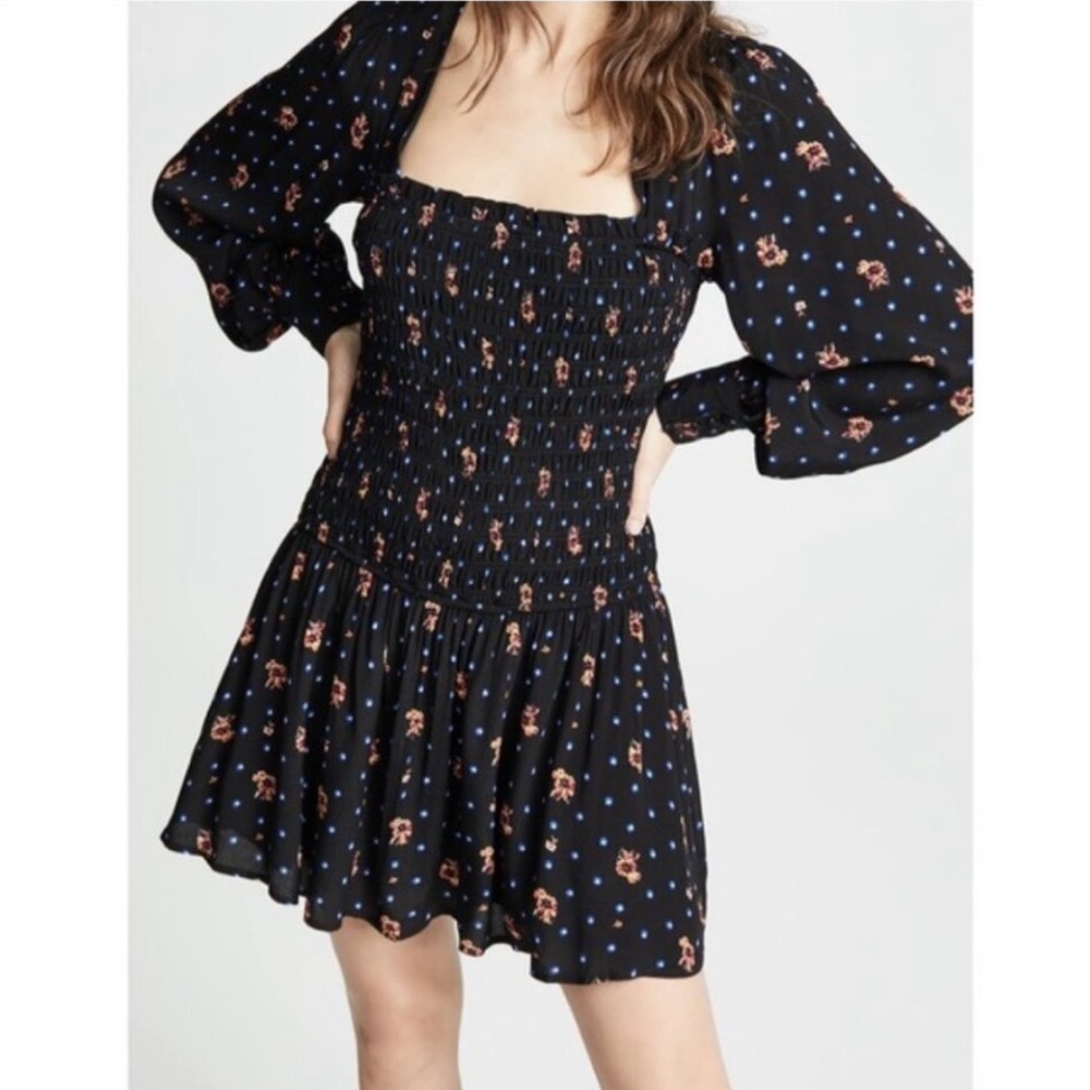 NWT Free People Smocked Floral Celestial Star Black LongSleeve Skater Mini Dress